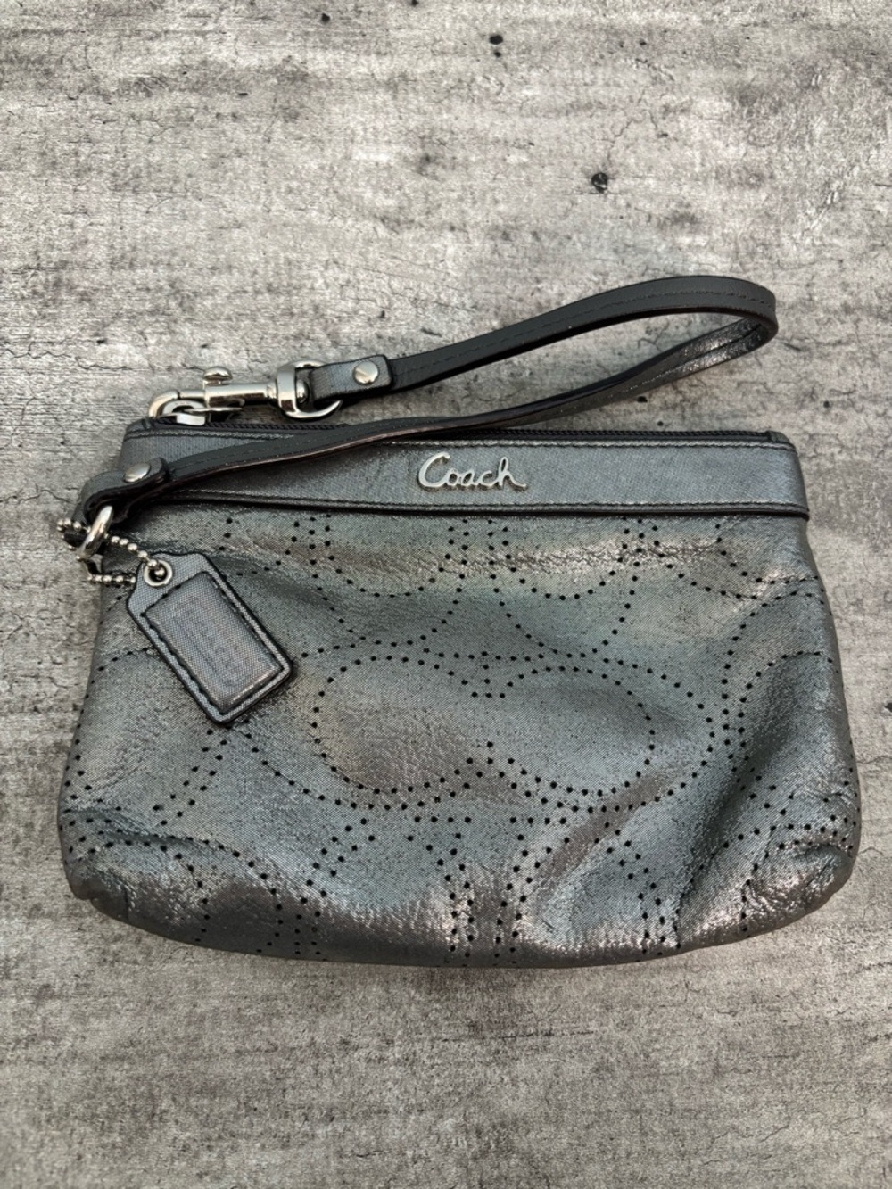 Coach Silver Sparkly Perforated Signature Wristlet Purse Wallet With Coach Tag